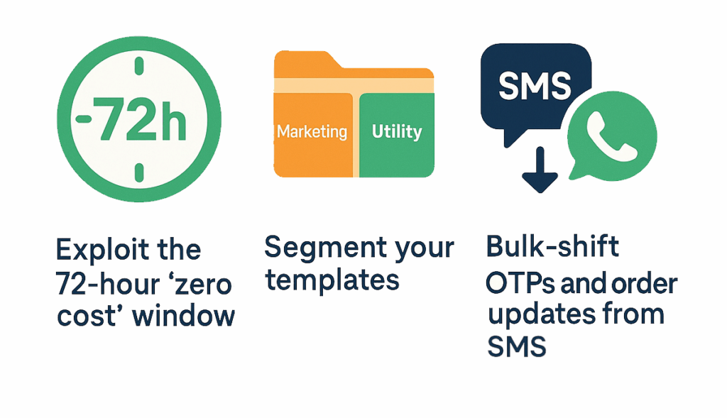 Graphic with three tips: “72h zero-cost window,” “Segment templates (Marketing/Utility),” and “Shift OTPs & order updates from SMS to WhatsApp.”